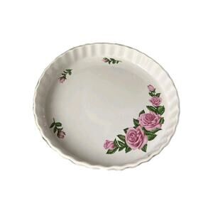 Christineholm White Ceramic Pink Rose Quiche Tart Pie Baking Dish 9" x 1.5" Tall